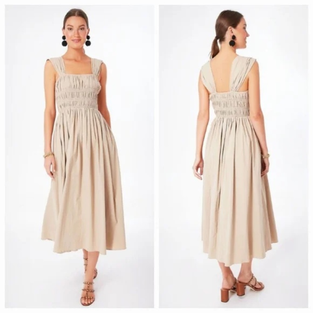 Pomander Place | Noah Smocked Classy Minimalist Midi Dress sand beige Size M